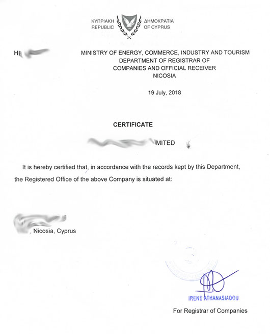 Certificate Registered Office