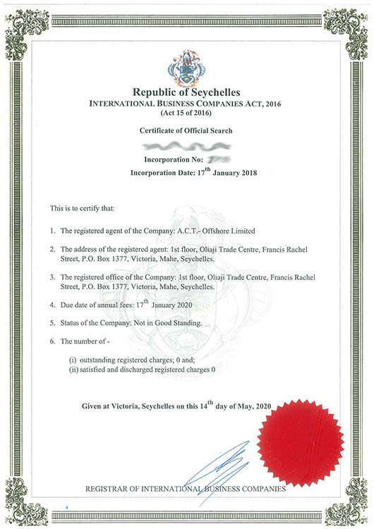certificate of official search seychelles